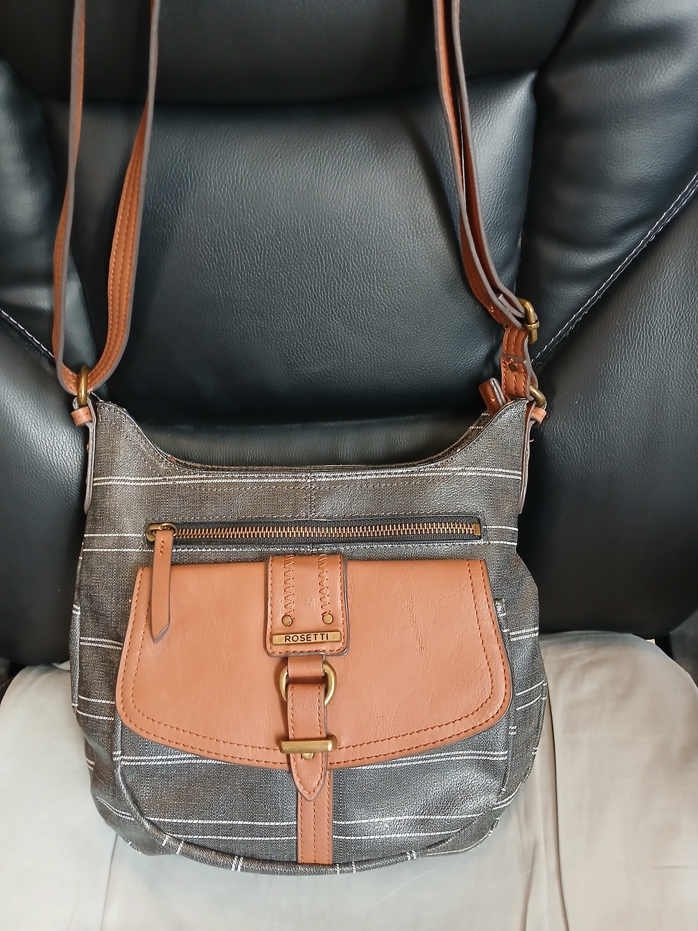 Rosetti Brown & Tan Crossbody Bag With White Pinstriping